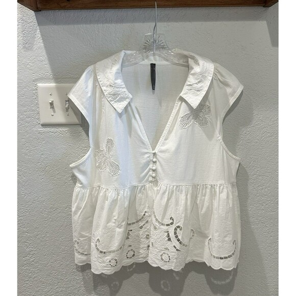 By Anthropologie Cutwork Babydoll Blouse Women's XL White Cotton Butterfly - Picture 11 of 14